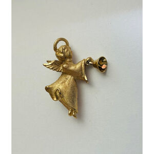 Vintage Gold Tone Christmas Frosted Angel w Bell Pendant and Brooch Costume Pin